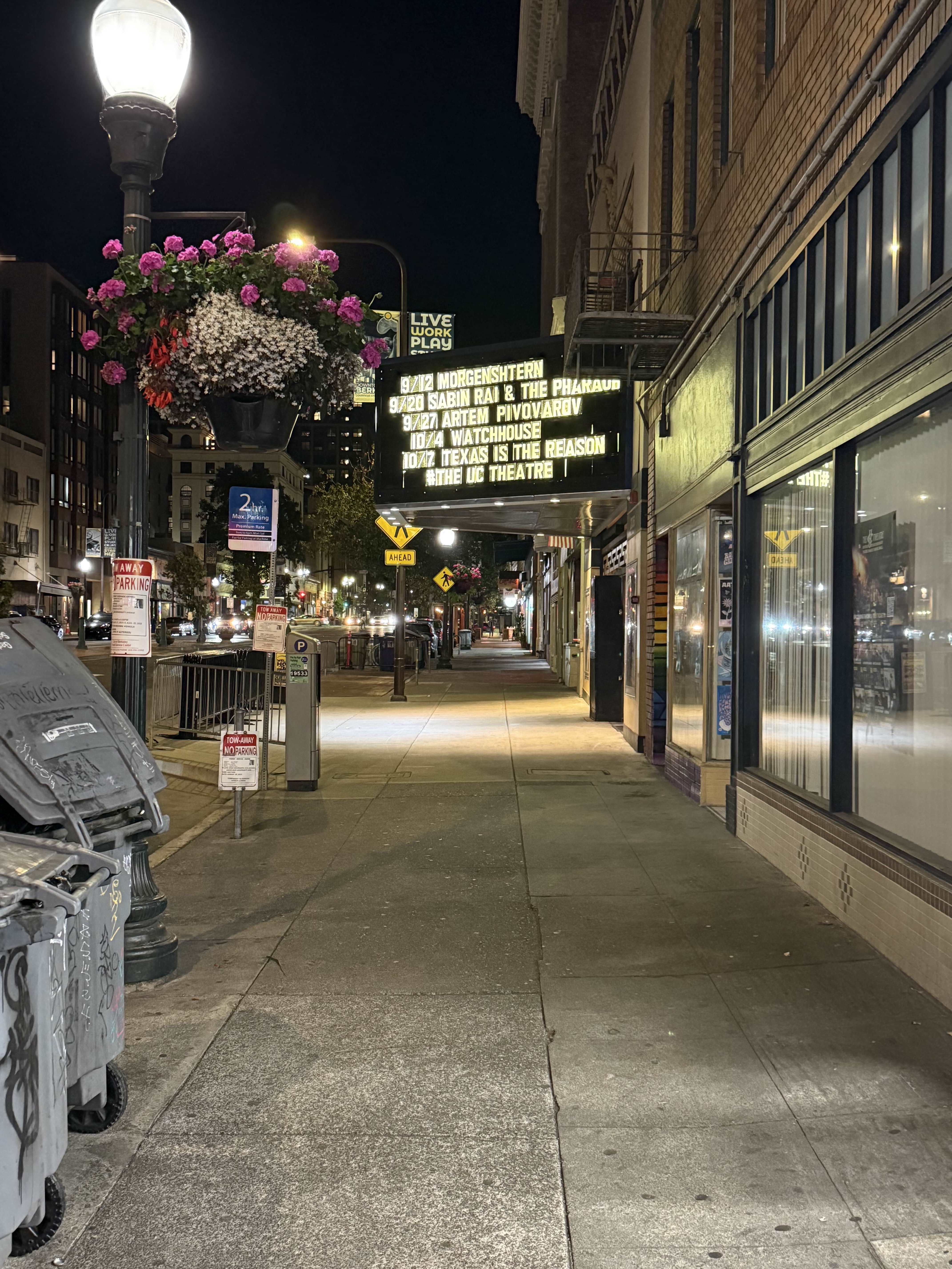 Wide-angle framing of a street from up close.